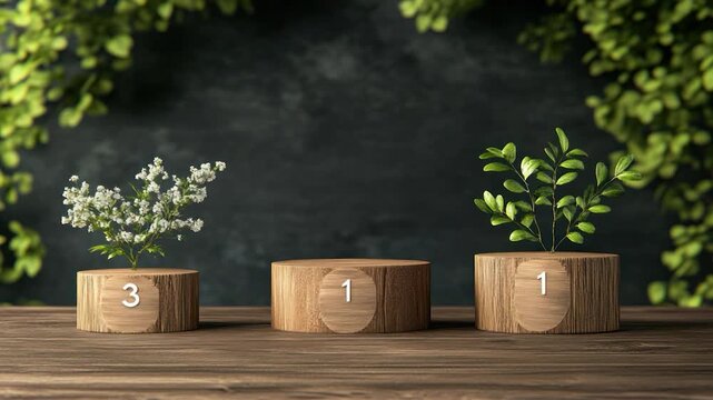 Wooden podiums holding plants with numbers, green foliage backdrop