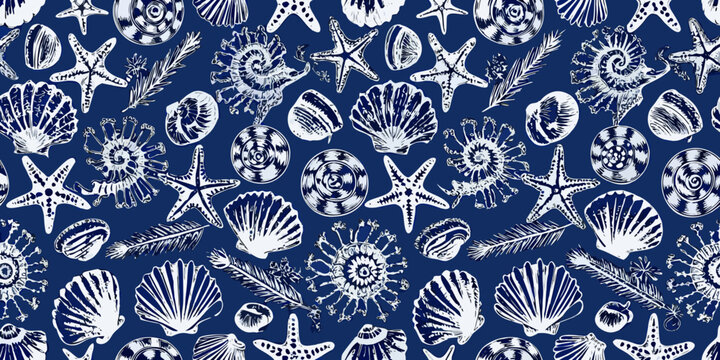 Nautical shell pattern with starfish and spiral shells blue and white