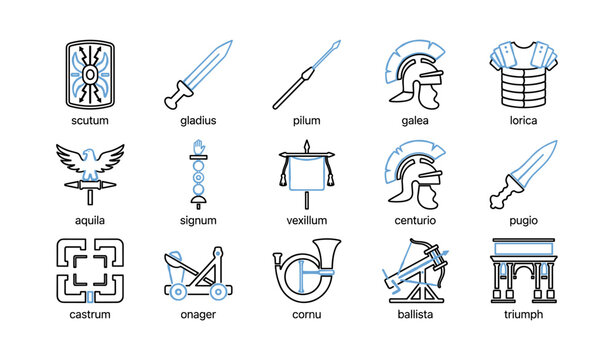 Roman military icons arranged in labeled grid on white background