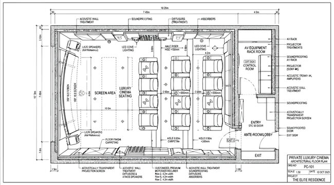 Technical architectural drawing of a home cinema room layout