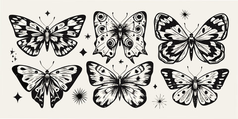 Black And White Butterfly Illustrations With Decorative Star Elements © Mithun