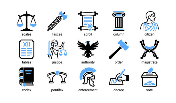 Legal and governance icons representing civic symbols on white background
