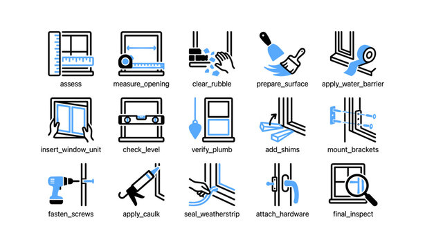Window installation icons showing step sequence and tools