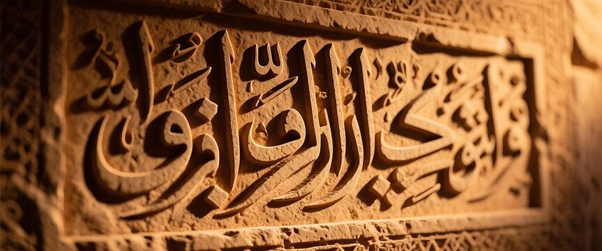 Ancient arabic calligraphy carving in stone, detailed texture and script.