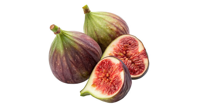 Group of fresh ripe figs whole and cut fruits organic on transparent background