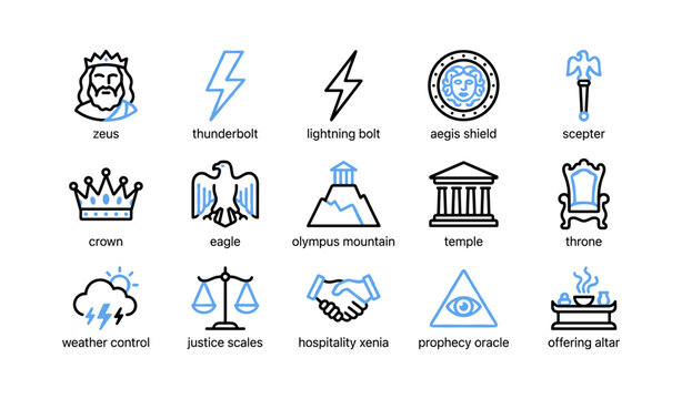 Greek mythology icons showing gods and symbols on white background