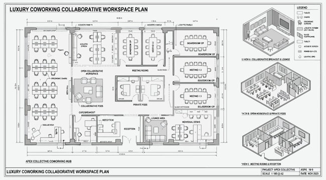 Luxury coworking collaborative workspace floor plan with isometric interior design views