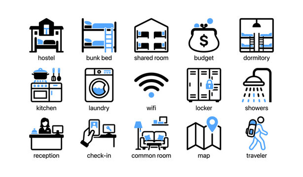 Hostel accommodation icons showing facilities and services on white
