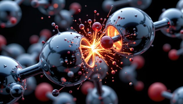 The image depicts a detailed close up of a molecular or atomic arrangement, featuring interconnected spherical objects representing atoms linked by bonds