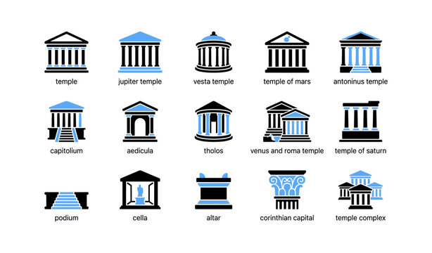 Temple icons depicting classical architecture on white background