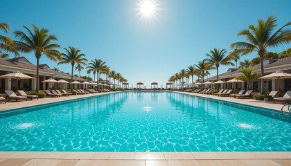 Fototapeta premium Luxury resort swimming pool with clear turquoise water, surrounded by palm trees and sun loungers under bright sunlight, creating a tropical paradise atmosphere