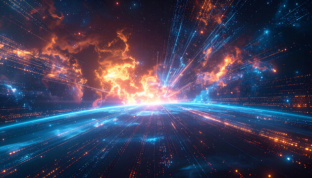 Abstract cosmic explosion of blue and orange light particles in vast space, digital energy flow, science fiction background