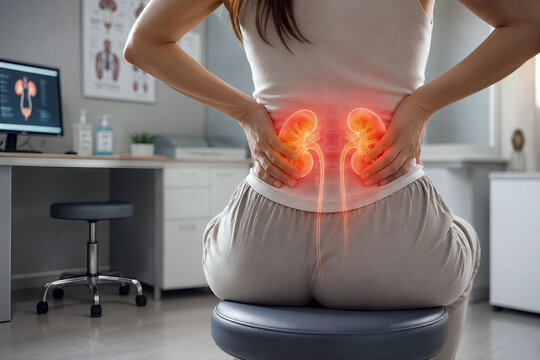 Woman suffering from kidney pain with glowing urinary system anatomy overlay in medical clinic