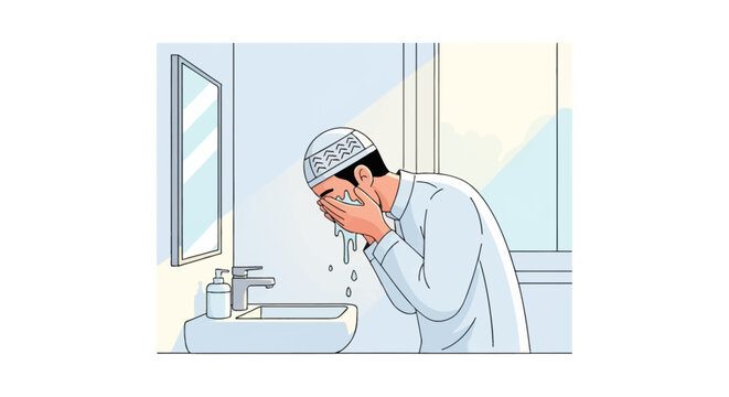 Vector illustration of a Muslim man wearing a white kufi and thobe performing ritual ablution or wudu by washing his face at a bathroom sink in preparation for daily Islamic prayer.