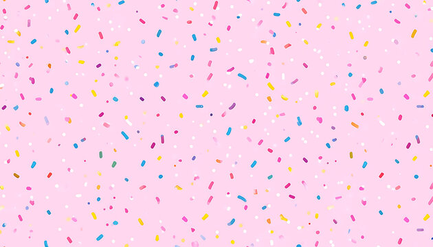 Abstract flat pink background with scattered colorful confetti dots and shapes, festive celebration pattern