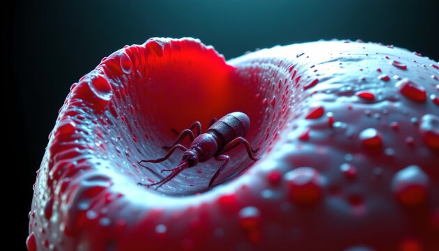 The image features a close up view of a small insect, possibly a beetle, situated inside a red and white mushroom or similar fungi