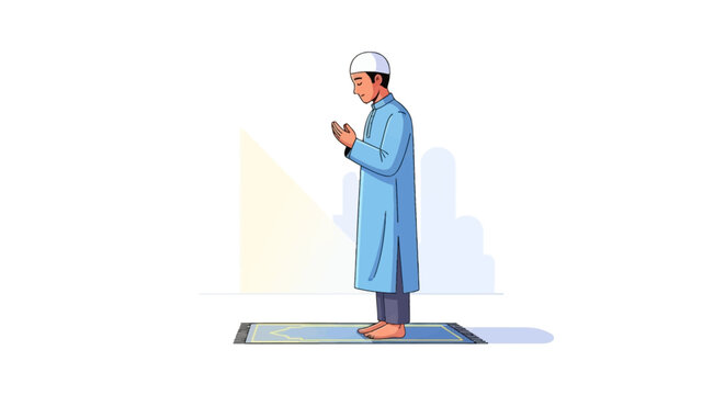 Vector illustration of a Muslim man wearing a light blue thobe and white kufi cap standing on a prayer rug with hands raised in supplication against a minimal white background.