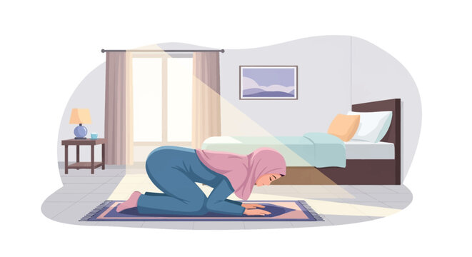 Vector illustration of a Muslim woman in a pink hijab and blue outfit performing sujud prostration on a prayer rug in a bright bedroom with sunlight streaming from a window.