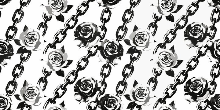 Roses and chain pattern black and white vector illustration