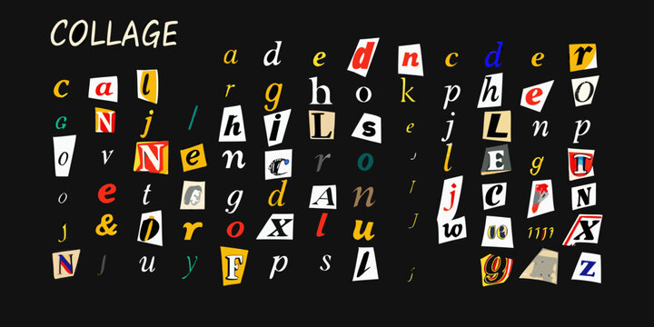 Collage of ransom style alphabet letters on a black background