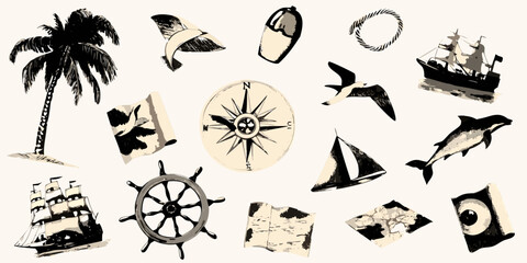 Nautical Illustration Collage With Palm Tree Compass And Sailing Ship © Ajay