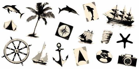 Obraz premium Nautical Collage Featuring Ships Sharks And Travel Elements Vector Illustration