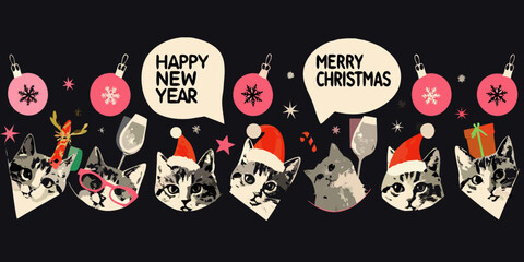 Festive Cats Illustration With Holiday Accessories And Text On Black © Ajay