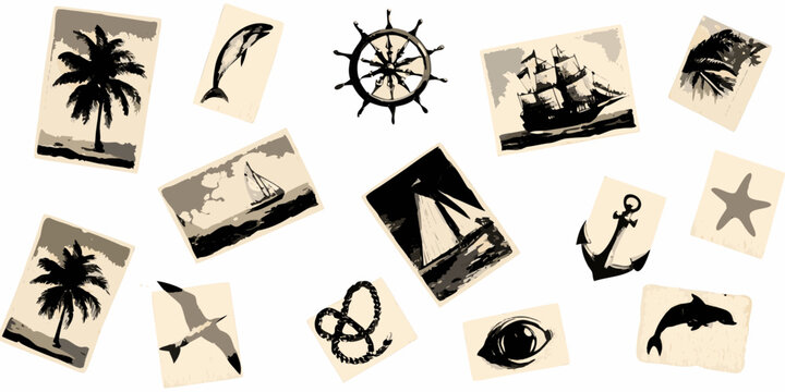 Nautical Collage Of Silhouettes And Illustrations On Beige Backgrounds