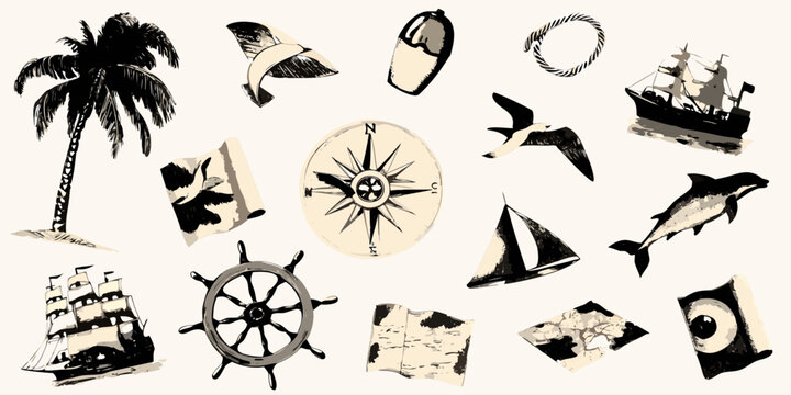 Nautical Illustration Collage With Palm Tree Compass And Sailing Ship