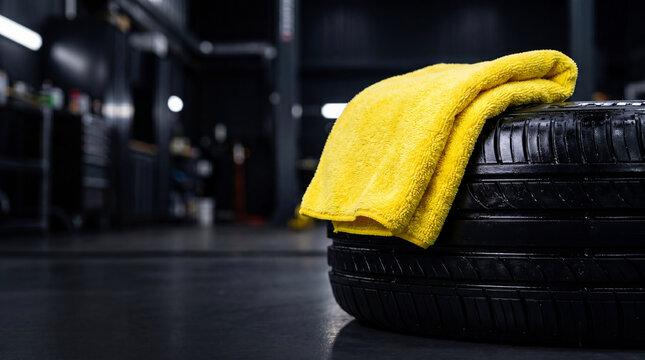 Yellow microfiber towel resting on black car tire in professional workshop. Auto repair service maintenance and vehicle detailing preparation. Industrial garage background for mechanic.