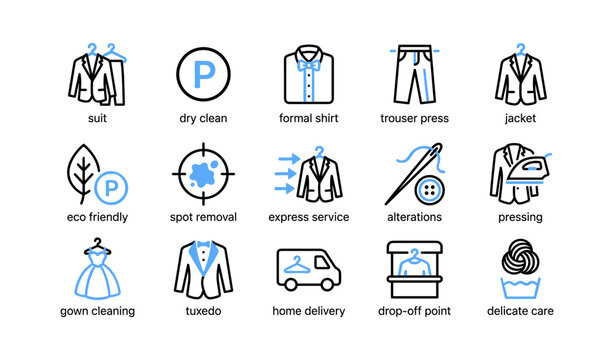 Clothing care icons showing laundry services in grid layout