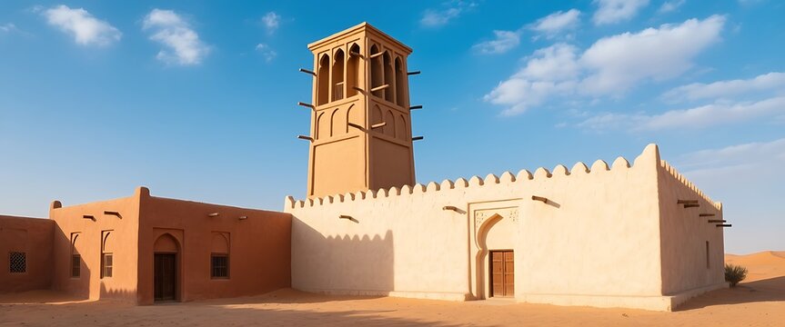 Ancient mud fortress with traditional wind tower under blue sky in desert dunes.