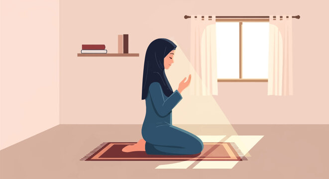 Illustration of a Muslim woman in a dark blue hijab kneeling on a prayer rug and raising her hands in supplication inside a minimalist room with sunlight from a window.