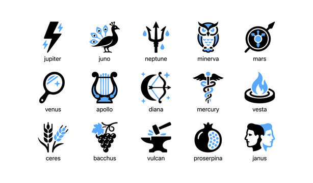 Classical mythological and planetary icons on white background