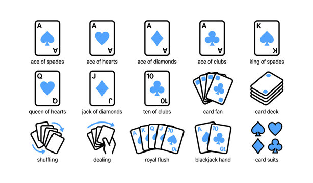 Playing card icons showing ranks and actions on white background
