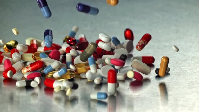 Assorted colorful pills and capsules tumble across metal table, Filmed on a high-speed camera at 1000 fps.