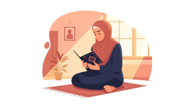 Vector illustration of a young Muslim woman wearing a hijab and abaya sitting cross-legged on a prayer rug while reading the Holy Quran in a sunlit indoor setting with a houseplant.