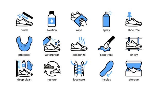 Shoe care and cleaning icons arranged in grid layout