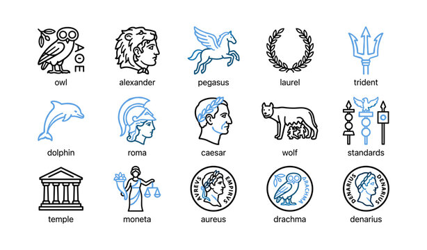 Classical mythology and currency icons arranged in grid