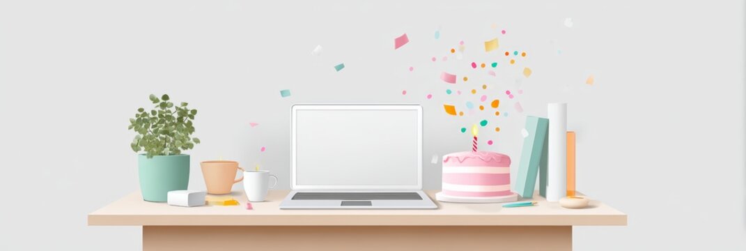 Minimal workspace celebration with laptop, books and small cake on a desk for office background and productivity banner design
