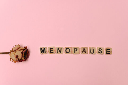 Menopause word with dried flower on pink background symbolizing female aging health