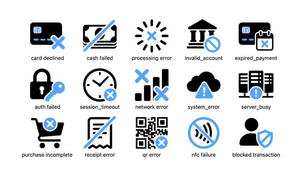 Payment icons showing error and failure states on white grid