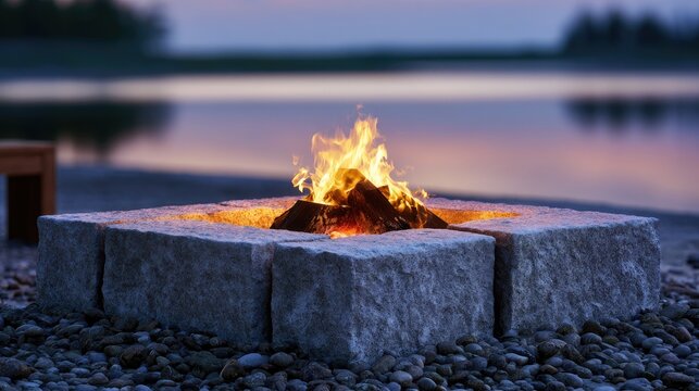 Tranquil evening fire pit by a lake, casting warm glow on pebbles
