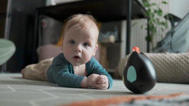 Adorable infant child looking at a roly-poly toy during playtime in nursery.