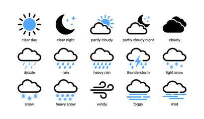 Obraz premium Weather condition icons showing various forecasts on white background