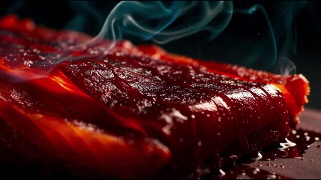 Close-up of a gourmet, smoky, juicy, cooked meat steak, with deep red coloring and glistening texture