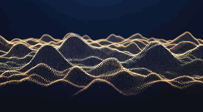 Abstract digital terrain with vertical glowing golden lines on a dark blue background