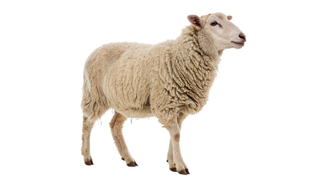 Full length profile view of a domestic white sheep isolated on transparent background