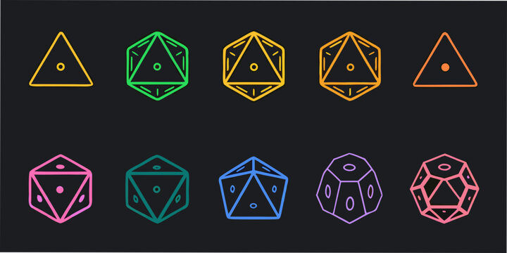 Line Art Polyhedral Dice Collection On Dark Background