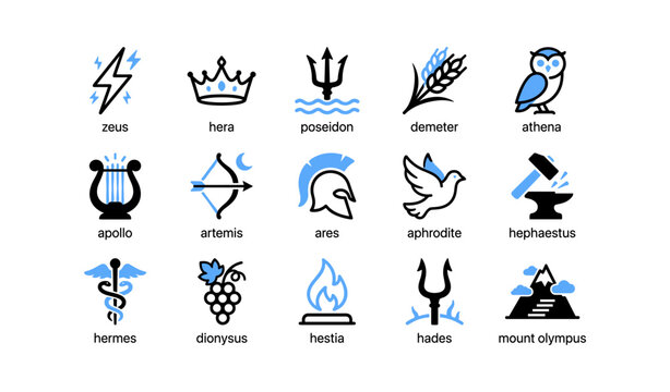 Greek deity icons representing mythological gods and symbols